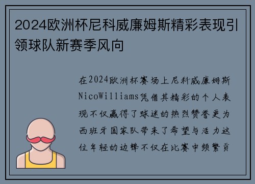 2024欧洲杯尼科威廉姆斯精彩表现引领球队新赛季风向