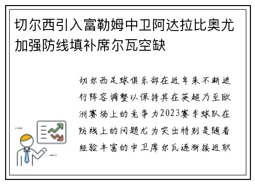 切尔西引入富勒姆中卫阿达拉比奥尤加强防线填补席尔瓦空缺 切尔西引入富勒姆中卫阿达拉比奥尤加强防线填补席尔瓦空缺
